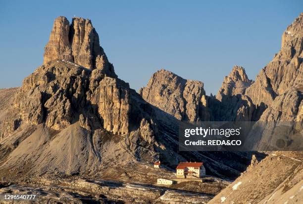 Locatelli mountain refuge and dolomiti di sesto. Misurina. Italy.