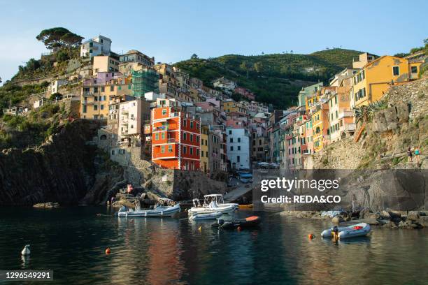 View of Riomaggiore from the sea. Cinque Terre. Liguria. Italy. Europe.