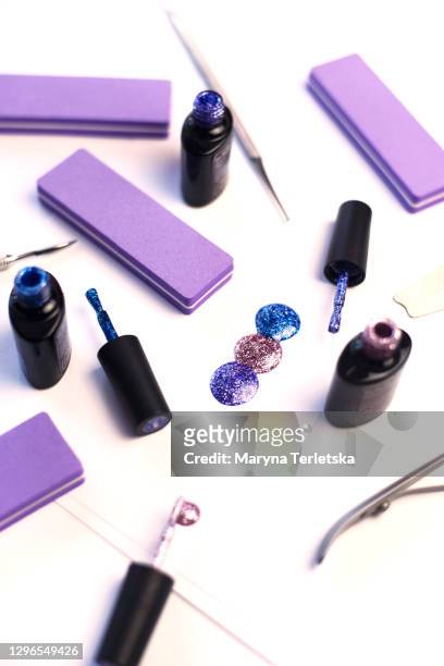jars of nail polish, nail files and manicure tools. - soccer uniform template stock pictures, royalty-free photos & images