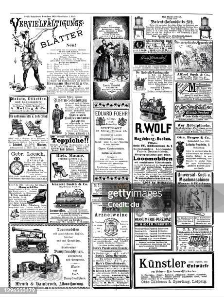 ads from 1892 in a german magazine - steam cooker stock illustrations