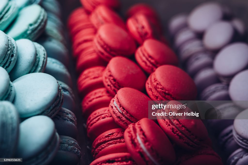 Traditional colorful Macarons in a row