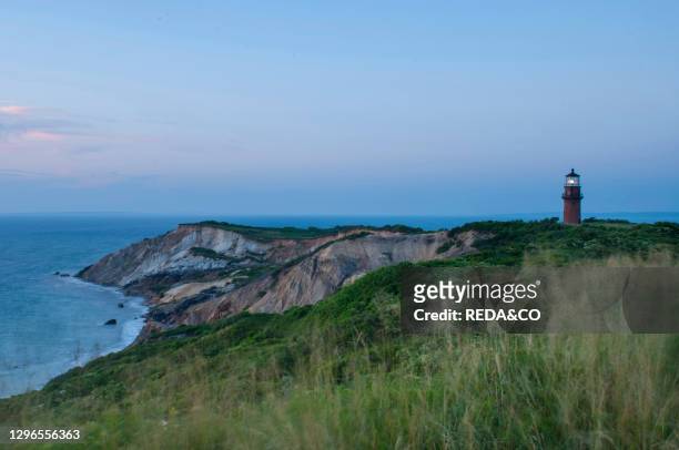 The Gay Head Lighthouse before being moved 134 feet along the Aquinnah Cliff in 2015. Martha's Vineyard. Massachusetts. New England. USA..