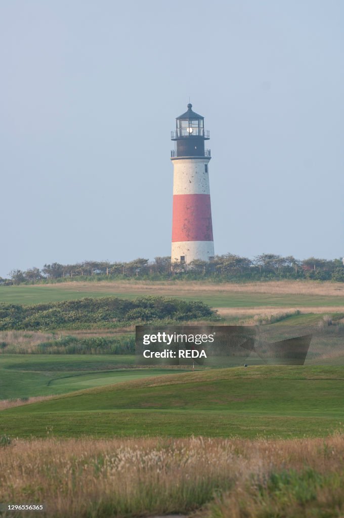 Sankaty Head Lighthouse on a bike ride along Polpis Road across the moor on Nantucket Island. Massachusetts. New England. USA.