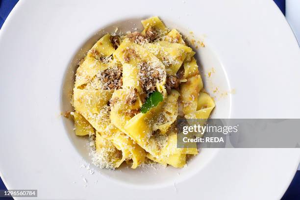 Pappardelle pasta with wild boar sauce and grated Tuscan pecorino cheese. Tuscay. Italy. Europe.