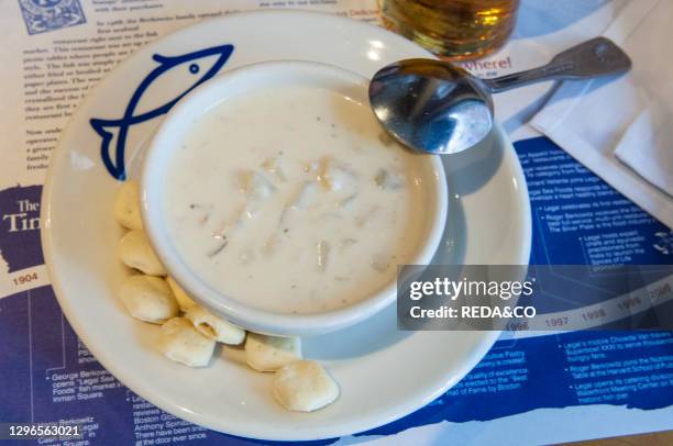 Clam Chowder Legal Sea Foods in the Theater District at 26 Park Square. Boston. Massachusetts. New England. USA..