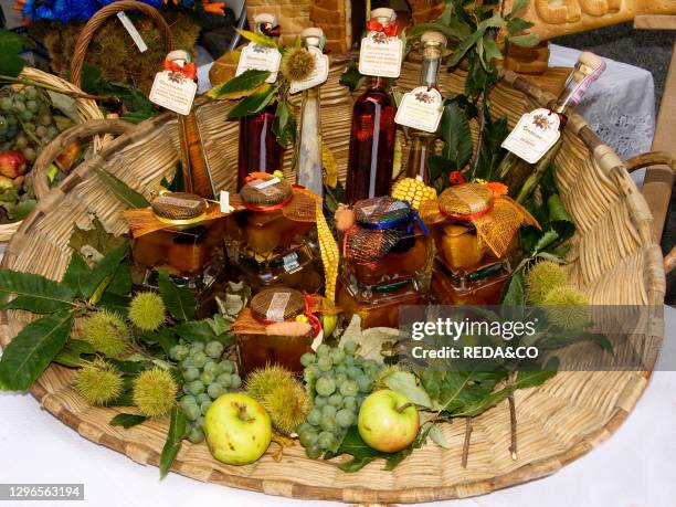 Italy. Piedmont. Turin. Mathi. Mushroom festival. Stall with autumn fruits and vegetables. .