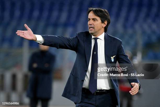 Lazio head coach Simone >Inzaghi reacts during the Serie A match between SS Lazio and AS Roma at Stadio Olimpico on January 15, 2021 in Rome, Italy.