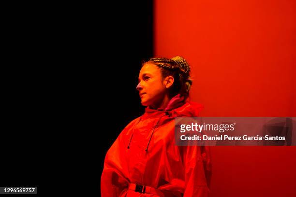 Alessandra Garcia performs in the play “Mujer en cinta de correr sobre fondo negro” at the Echegaray Theater on January 15, 2021 in Malaga, Spain.