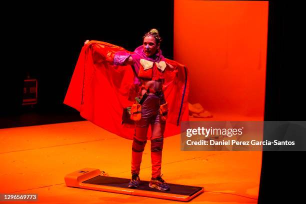 Alessandra Garcia performs in the play “Mujer en cinta de correr sobre fondo negro” at the Echegaray Theater on January 15, 2021 in Malaga, Spain.