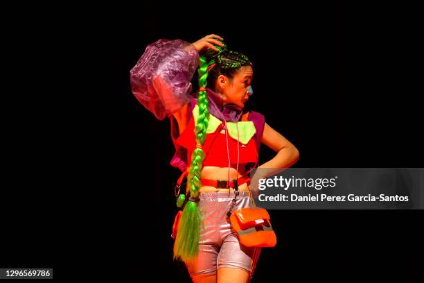 Alessandra Garcia performs in the play “Mujer en cinta de correr sobre fondo negro” at the Echegaray Theater on January 15, 2021 in Malaga, Spain.