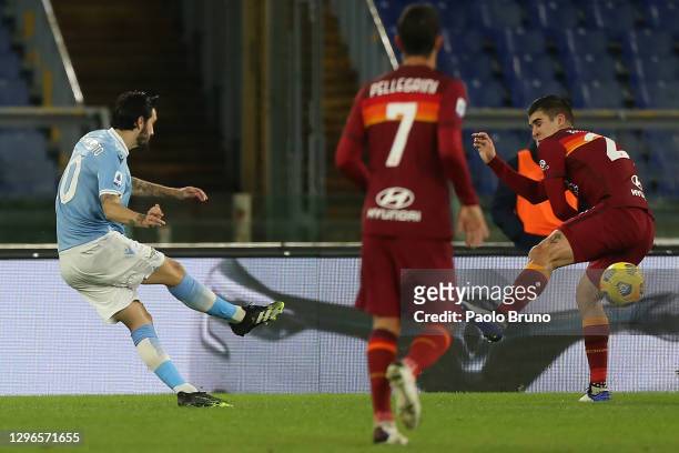 Luis Alberto of Lazio scores his team's third goal during the Serie A match between SS Lazio and AS Roma at Stadio Olimpico on January 15, 2021 in...