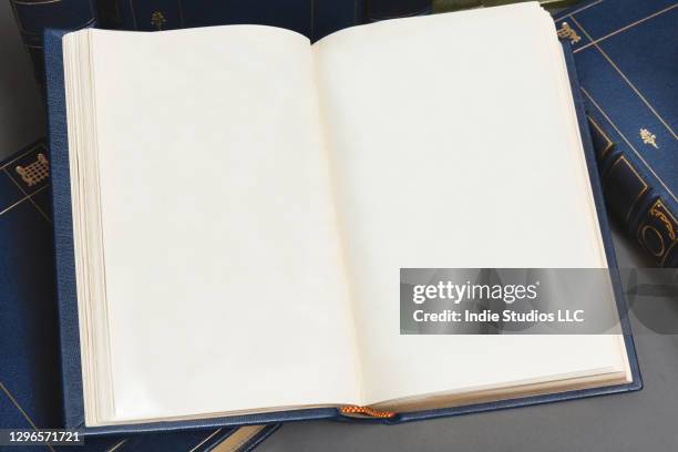 books open to blank pages with space for copy in antique leather bound books visible in background - blank book fotografías e imágenes de stock