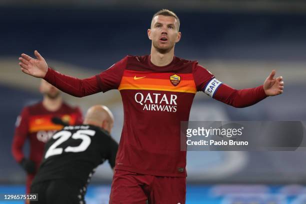 Edin Dzeko of Roma reacts during the Serie A match between SS Lazio and AS Roma at Stadio Olimpico on January 15, 2021 in Rome, Italy.