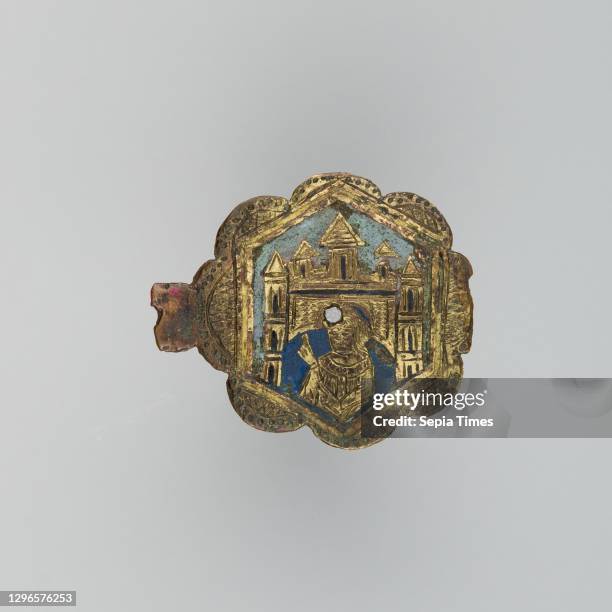 Badge , late 14th century, Spanish, Copper, gold, enamel, H. 2 in. ; W. 2 1/4 in. ; Wt. 0.5 oz. , Miscellaneous-Badges.