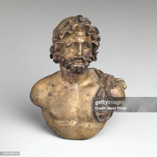 Bronze bust of Jupiter, Early Imperial, late 1st century B.C.–1st century A.D., Roman, Bronze, copper, H. 6 3/16 in. , Bronzes, The bust likely...