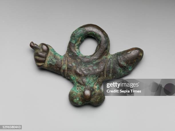 Bronze phallic amulet, Imperial, 1st century A.D., Roman, Bronze, W. 2 7/8 in. , Bronzes, This amulet incorporates three different symbols: the...