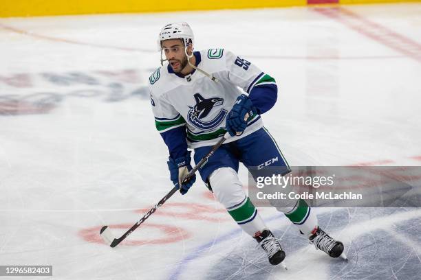 Justin Bailey of the Vancouver Canucks skates against the Edmonton Oilers at Rogers Place on January 14, 2021 in Edmonton, Canada.