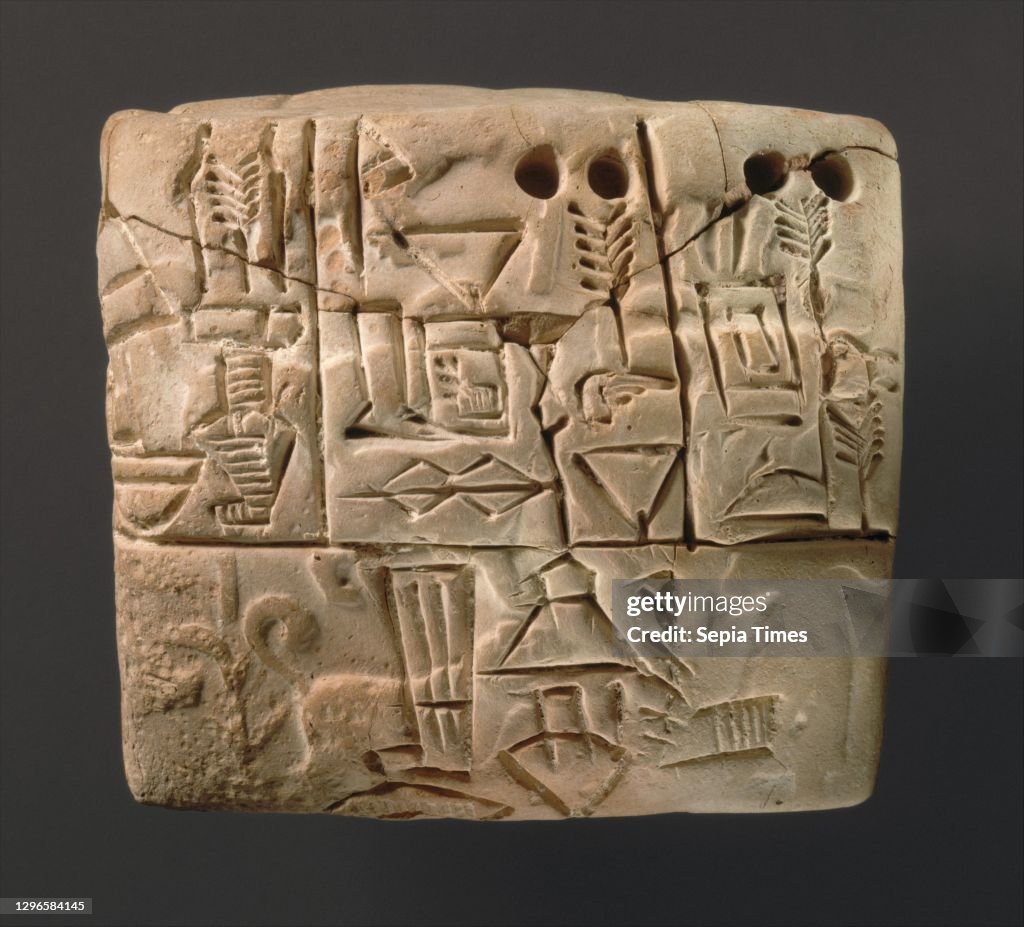 Cuneiform tablet: administrative account of barley distribution with cylinder seal impression of a male figure, hunting dogs, and boars, Jemdet Nasr, ca 3100–2900 BC, Mesopotamia, probably from Uruk (modern Warka), Sumerian, Clay, 217 x 236 x 163 in (55