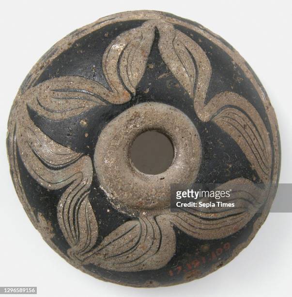 Flattened Hemispherical Bead, 500-600, Frankish, Earthenware, glaze, Overall: 1 9/16 x 9/16 in. , Ceramics, Beads from Frankish necklaces exhibit a...