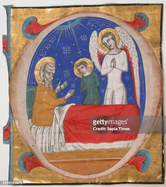 Manuscript Illumination with Tobit, Tobias, and the Archangel Raphael in an Initial O, from an Antiphonary, mid-14th century, Made in Bologna, Italy,...