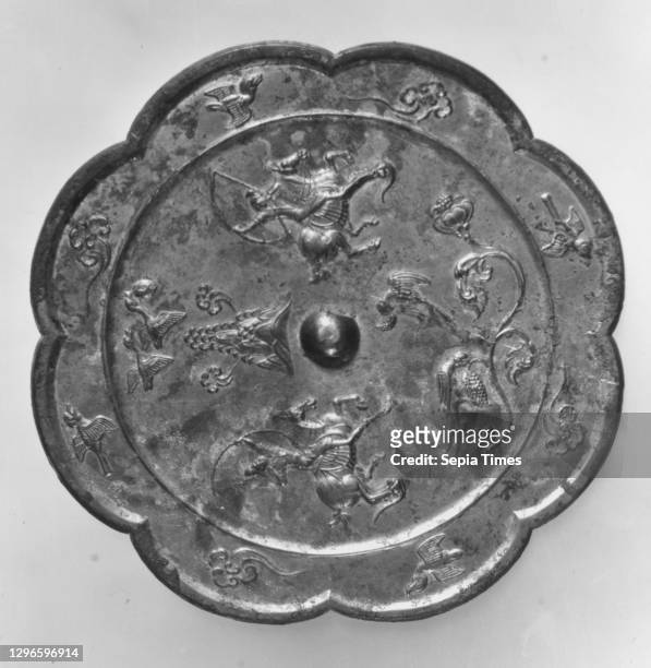 Mirror with Archers, Tang dynasty , 8th–9th century, China, Bronze, Diam. 8 1/2 in. , Mirrors, On this mirror back, mounted archers take aim at a...