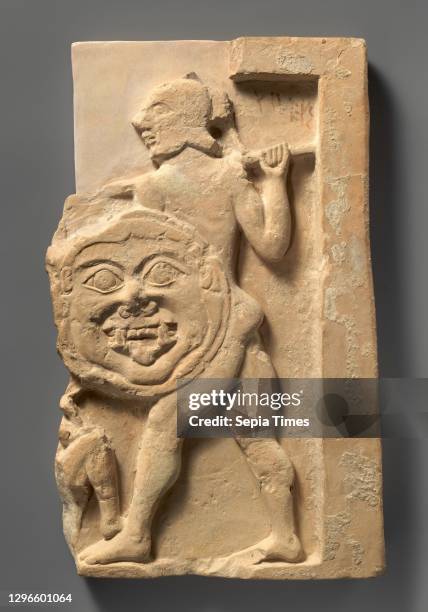 Fragment of a terracotta relief, Archaic, ca. 600 B.C., Greek, Attic, Terracotta, Overall: 16 9/16 x 9 13/16 x 1 7/16in. , Terracottas, Fragmentary...