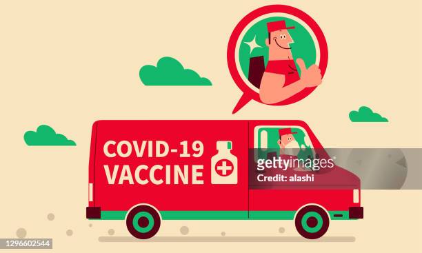 smiling driver with face mask driving a delivery van delivering covid-19 vaccine (distribution), giving a thumbs-up, covid-19 vaccine shipment concept, coronavirus vaccine doses arrive - people carrier stock illustrations