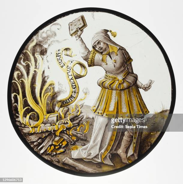 Roundel with Allegorical Scene of Book Burning, ca. 1520–30, North Netherlandish, Colorless glass, vitreous paint and silver stain, Overall: 8 3/8...