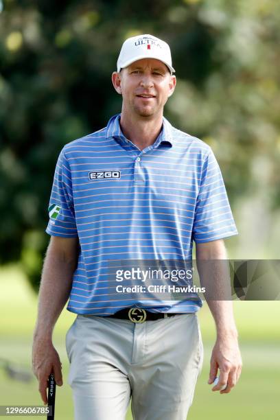 Vaughn Taylor of the United States reacts on the third green during the second round of the Sony Open in Hawaii at the Waialae Country Club on...