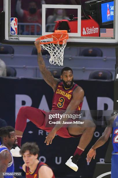 Andre Drummond of the Cleveland Cavaliers celebrates after a dunk during the first quarter against the New York Knicks at Rocket Mortgage Fieldhouse...