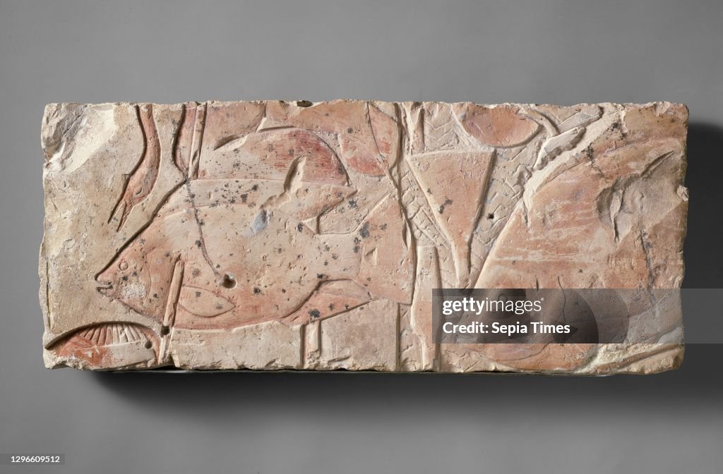 Scene of Fishing and Fowling, New Kingdom, Amarna Period, Dynasty 18, ca 1353-1336 BC, From Egypt; Probably originally from Amarna (Akhetaten); Probably from Middle Egypt, Hermopolis (Ashmunein; Khemenu), Limestone, paint, H 22 cm (8 11/16); w 533 cm (21
