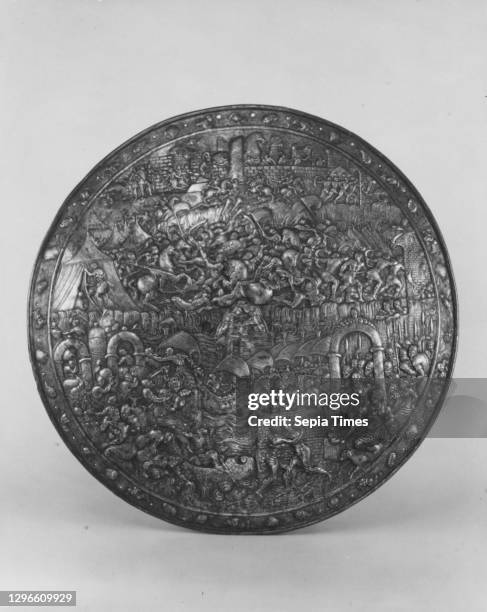 Shield Depicting the Siege of Troy, ca. 1580–90, French, Steel, Diam. 25 1/4 in. , Shields, The mythological scenes include the abduction of Helen ,...