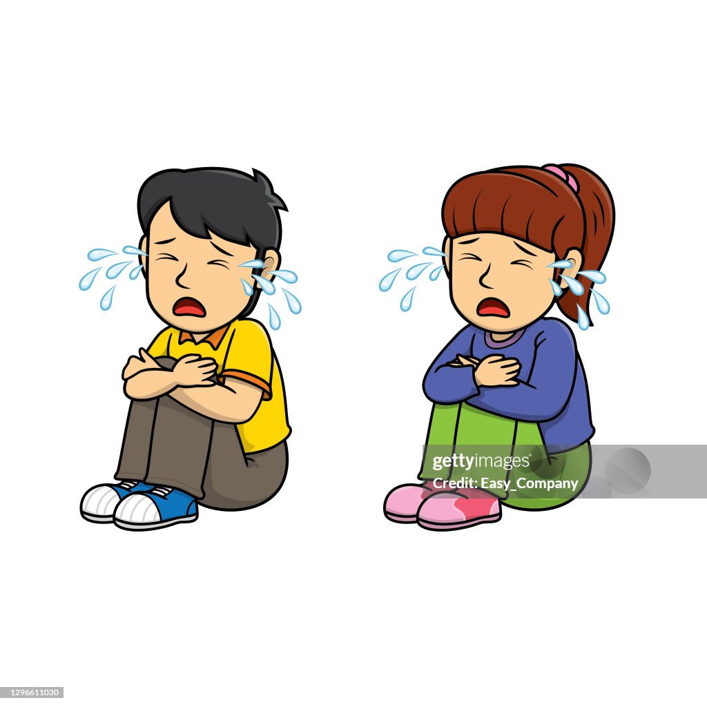 A Couple Of Boy And Girl Sitting And Hugging Their Knees While Crying With  Lots Of Tearsused To Compose Teaching Materials In A Set That Expresses  Emotions High-Res Vector Graphic - Getty