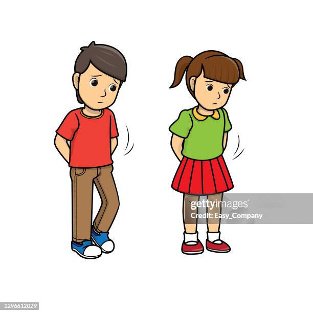 illustrations, cliparts, dessins animés et icônes de un couple de garçon et de fille se sentant coupable de créer le chaos. utilisé pour composer du matériel pédagogique dans un ensemble qui exprime des émotions. - rules and regulations cartoon