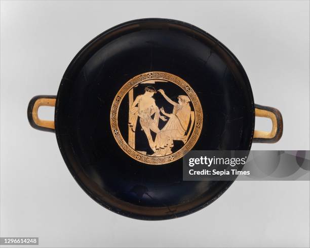 Terracotta kylix , Classical, ca 480 BC, Greek, Attic, Terracotta; red-figure, H 5 3/16 in , Vases, Interior and exterior, Theseus in Poseidon's...