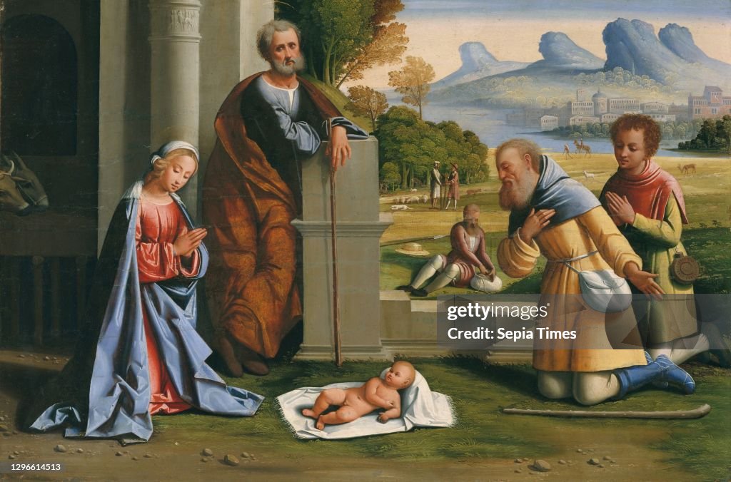 The Adoration of the Shepherds, Oil on canvas, transferred from wood, 19 3/8 x 28 3/4 in (492 x 73 cm), Paintings, L'Ortolano (Giovanni Battista Benvenuti) (Italian, Ferrarese, active by 1512-died after 1527), A larger variant of the present composition,