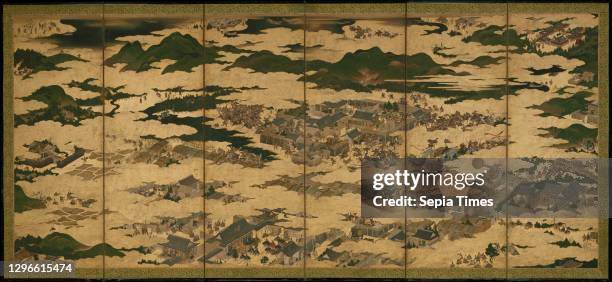 The Rebellions of the Hōgen and Heiji Eras, Edo period , 17th century, Japan, Pair of six-panel folding screens; ink, color, gold and gold leaf on...