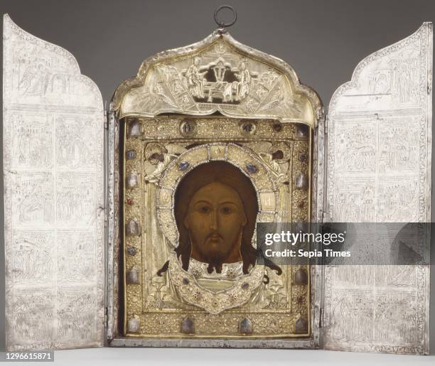 Triptych with the Mandylion, The Kremlin Armory Workshops, Moscow Russian, Moscow, Silver, partly gilt, niello, enamel, sapphires, rubies, spinels,...