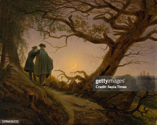 Two Men Contemplating the Moon, ca 1825-30, Oil on canvas, 13 3/4 x 17 1/4 in , Paintings, Caspar David Friedrich , These two figures are seen from...