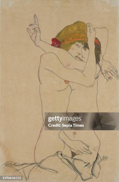 Two Women Embracing Gouache, watercolor, and graphite on paper, 18 3/4 x 12 1/2 in , Drawings, Egon Schiele .