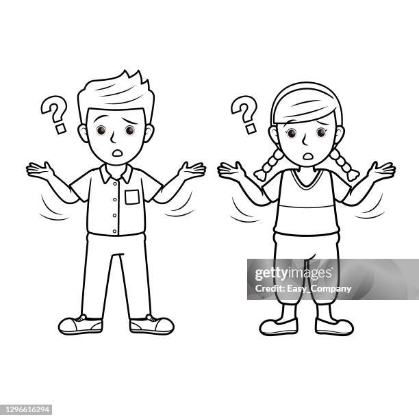 ein paar kinder fühlen sich verwirrt. für menschlichen gesichtsausdruck oder emotionskonzepte. nur schwarzweiß zum malen. wird verwendet, um unterrichtsmaterialien in einem satz zu komponieren, der emotionen ausdrückt. - kinder gezeichnet stock-grafiken, -clipart, -cartoons und -symbole