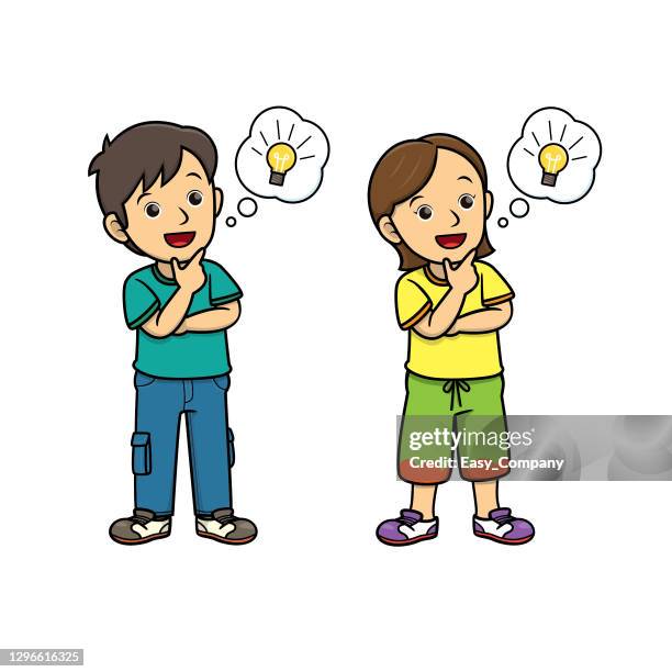 ilustrações de stock, clip art, desenhos animados e ícones de people thinking with lightbulb in the speech bubble/cloud callout. for human face expression or emotion concepts.used to compose teaching materials in a set that expresses emotions. - 8 9 anos