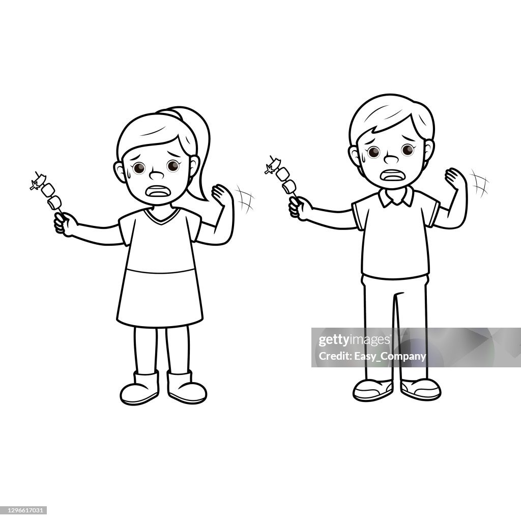 Boy and girl eating hot chilly pepper. For human emotion or face expression concepts. Only black and white for the coloring page.Used to compose teaching materials in a set that expresses emotions.