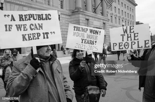 Crowds carrying pro-President Donald Trump signs gather for the "Stop the Steal" rally on January 06, 2021 in Washington, DC. Trump supporters...