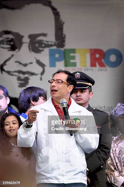 Gustavo Petro, candidate for mayor of Bogota, speaks at a campaign event in Bogota, Colombia, on Saturday, Oct. 15, 2011. Petro, the candidate for...