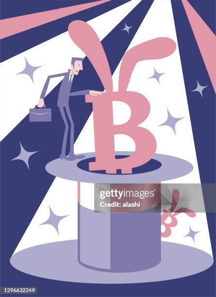 businessman catching a bitcoin rabbit from a big magic top hat (cryptocurrency mining) - giant rabbit stock illustrations