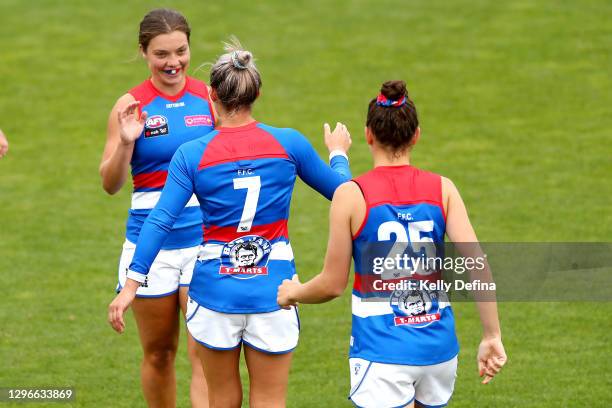 Ellie Blackburn of the Bulldogs celebrates during the AFLW pre-season match between the Richmond Tigers and the Western Bulldogs at Punt Road Oval on...