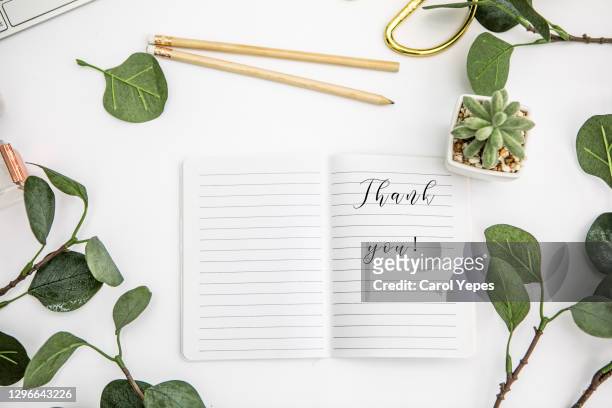 thanks message in open notebook - thank you note stock pictures, royalty-free photos & images