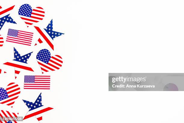 american independence day background with blue, white and red mixed stars, hearts and flags. celebration of american independence day, the 4th of july (the fourth of july). holiday concept. top view. with copy space. - fourth of july decorations stock pictures, royalty-free photos & images