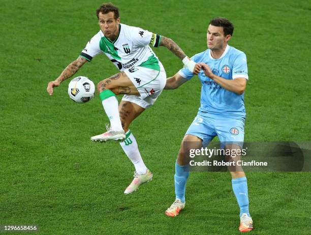 Alessandro Diamanti of Western United gets the ball ahead of Curtis Good of Melbourne City during the A-League match between Melbourne City FC and...
